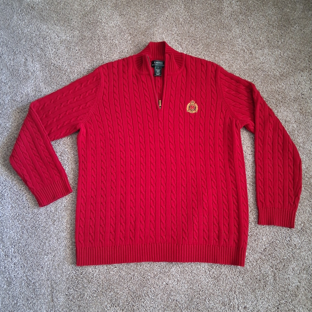 Lauren Ralph Lauren Womans Red Cable-Knit Quarter-Zip Sweater with Crest